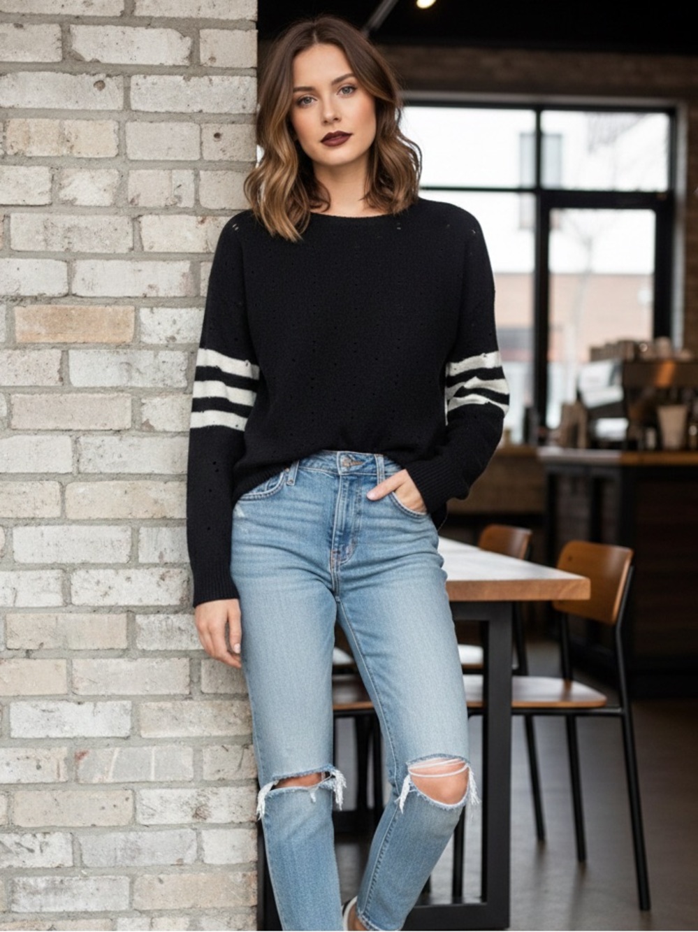 Aqua - Destroyed Merino Wool Black with sleeves stripes - Size XS